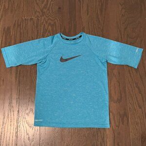 Nike Swim Shirt Boys L Blue Short Sleeve Rash Guard Activewear Dri Fit UPF40